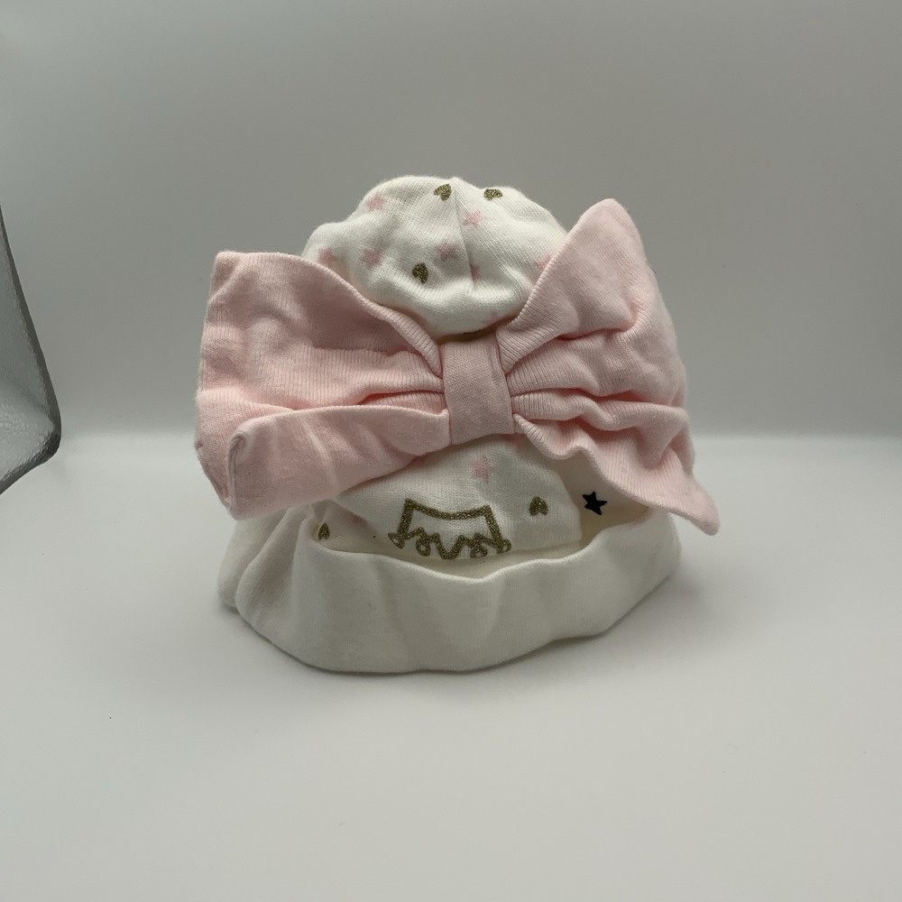 Cute Baby Beanie W/ Pink Bow, Crown Pattern And Hearts - White - Newborn